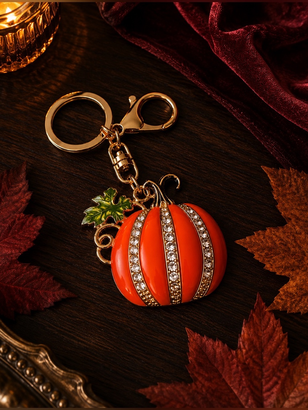 Gold-Tone Pumpkin Crystal Keychain - Orange